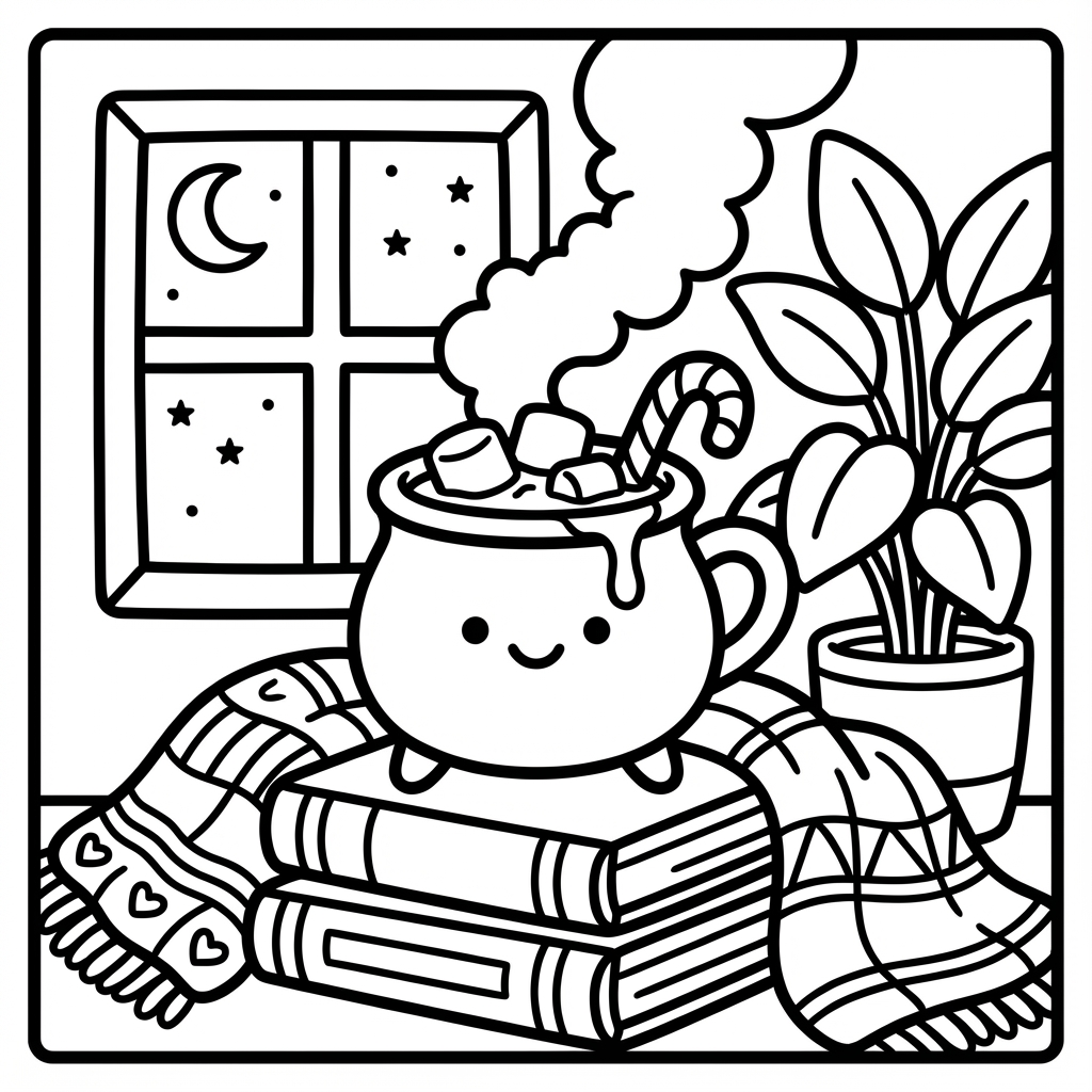 Smiling hot cocoa mug with a candy cane and marshmallows, a great easy bold coloring pages choice.